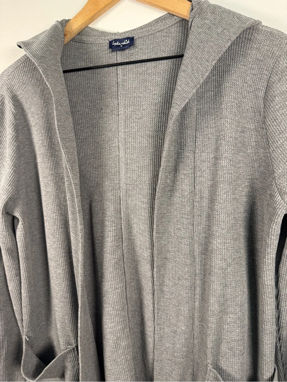 SPLENDID Northside Waffleknit Open Front Gray Pocket Hooded Cardigan Sz M